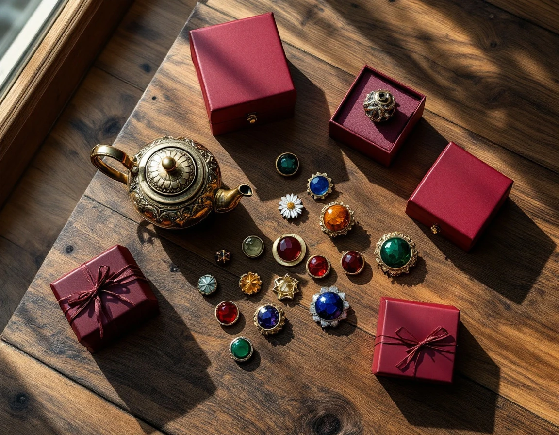 Luxury enamel pins and burgundy gift boxes arranged on weathered wood surface with antique brass teapot