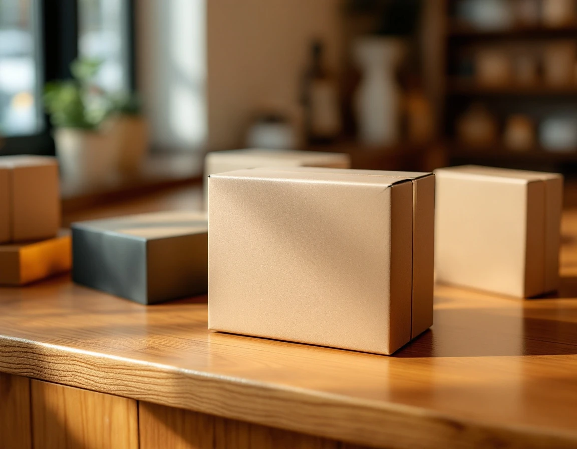 Sealed mystery boxes arranged on retail counter with natural lighting and shallow depth of field