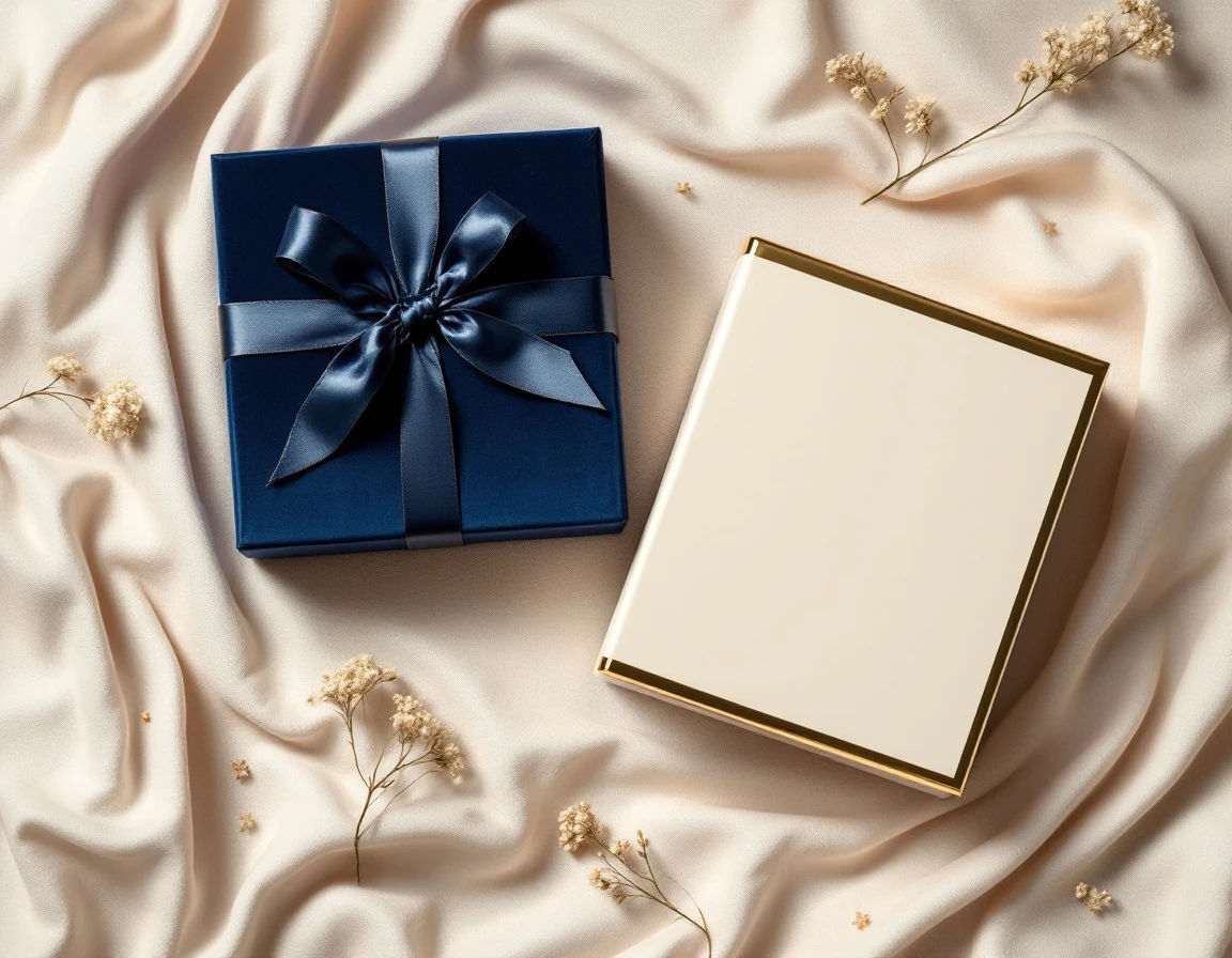 Luxury gift boxes with ribbons arranged in flat-lay composition showing premium collectible packaging elements