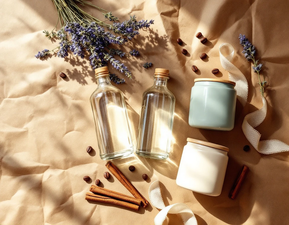 Curated subscription box contents arranged on textured kraft paper with unmarked bottles and natural materials