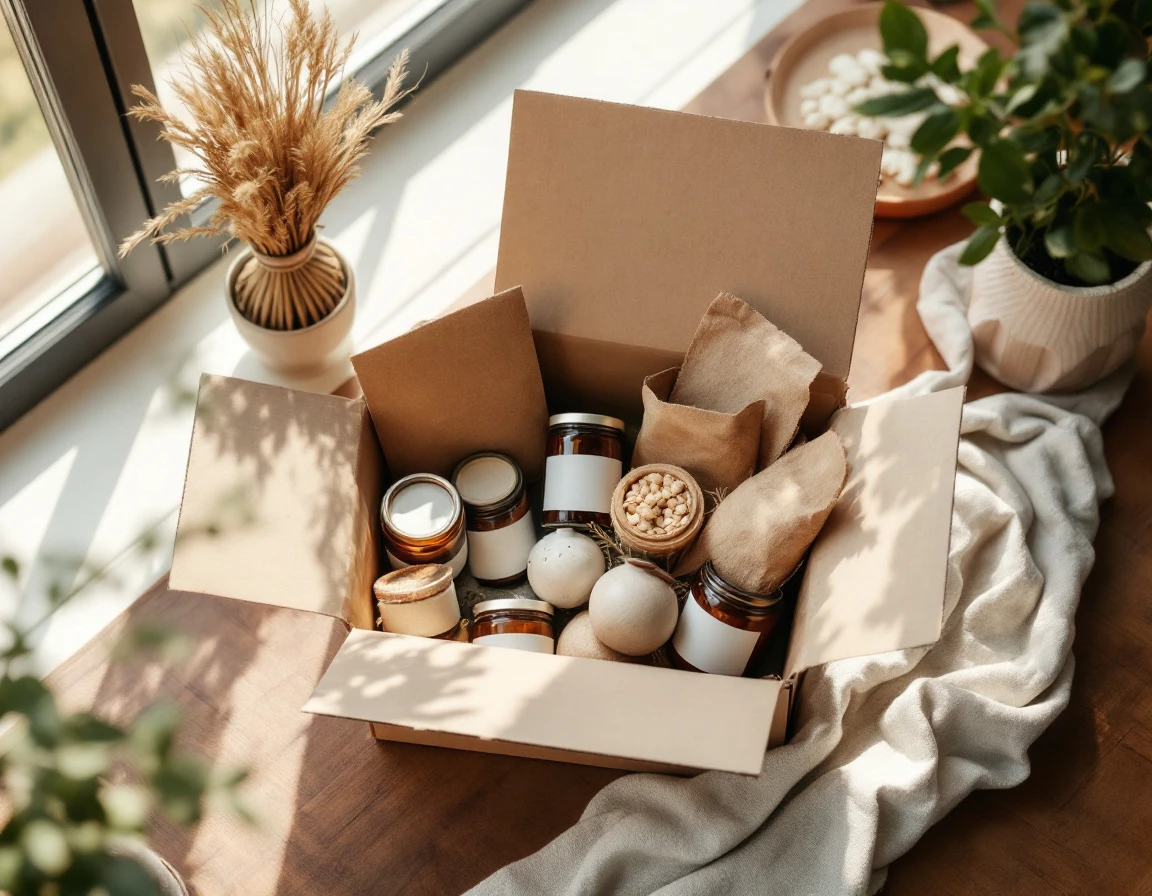 Curated subscription box with artisan pantry items in unmarked containers on wooden table with natural window light