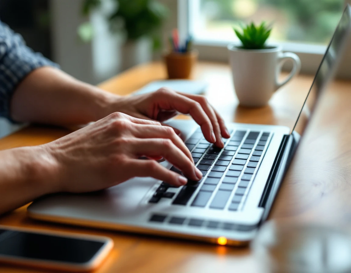Hands typing on laptop keyboard at wooden desk with coffee and plant during checkout analysis work