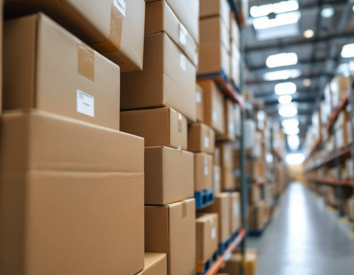 Stacked shipping boxes in warehouse fulfillment center showing e-commerce order volume