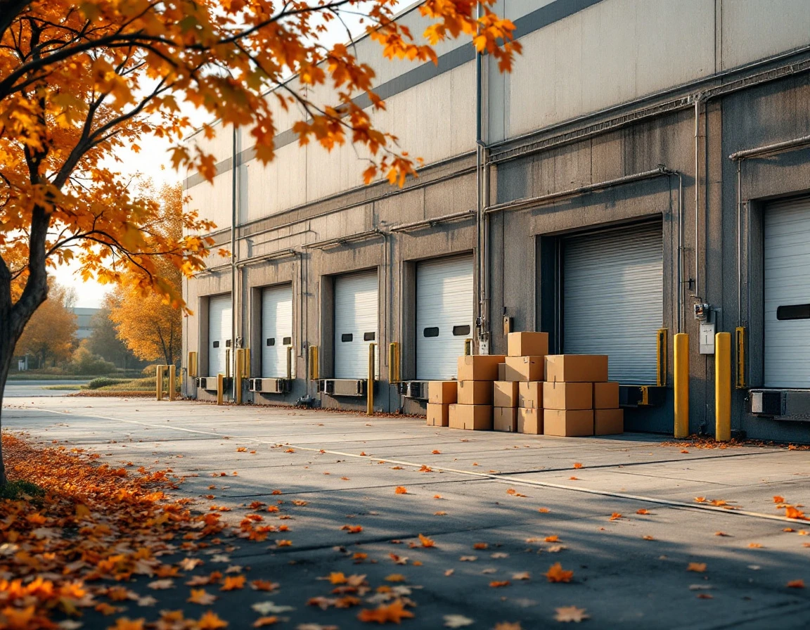 Commercial warehouse loading dock with idle shipping boxes during autumn, showing supply chain preparation