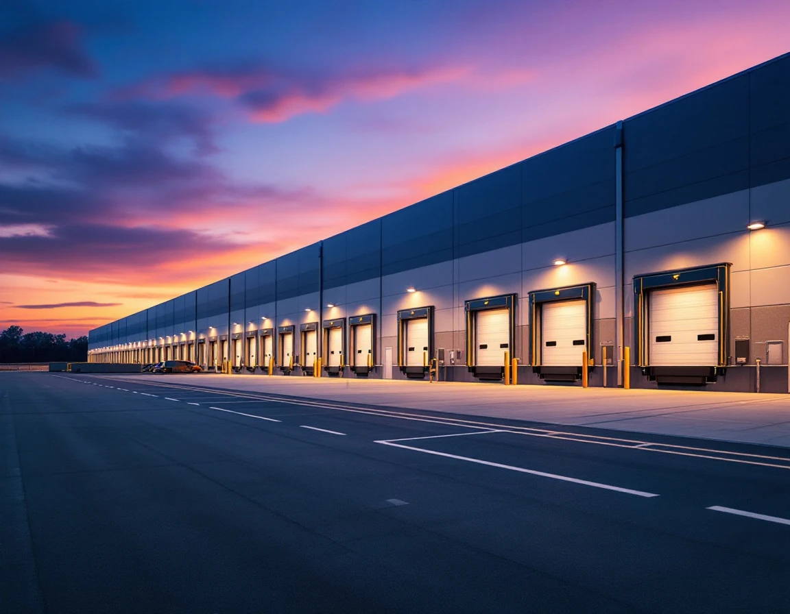 Modern distribution center loading docks at dusk with multiple bay doors and logistics yard