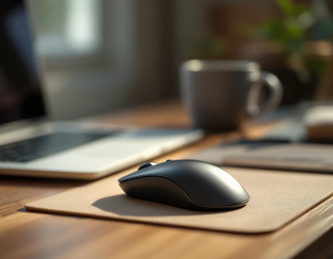 Computer mouse and workspace tools on wooden desk with natural window lighting