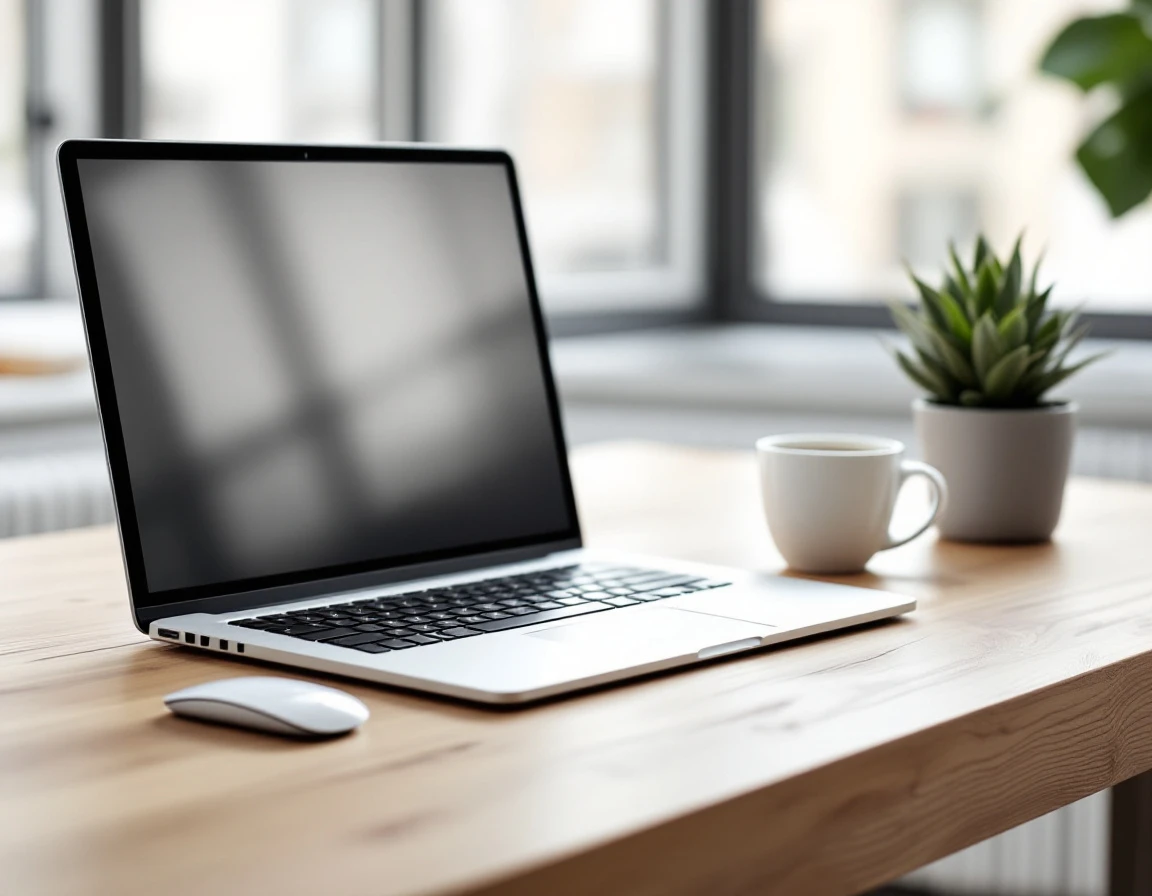 Minimalist laptop workspace with blurred screen, coffee cup, and office plant in natural lighting
