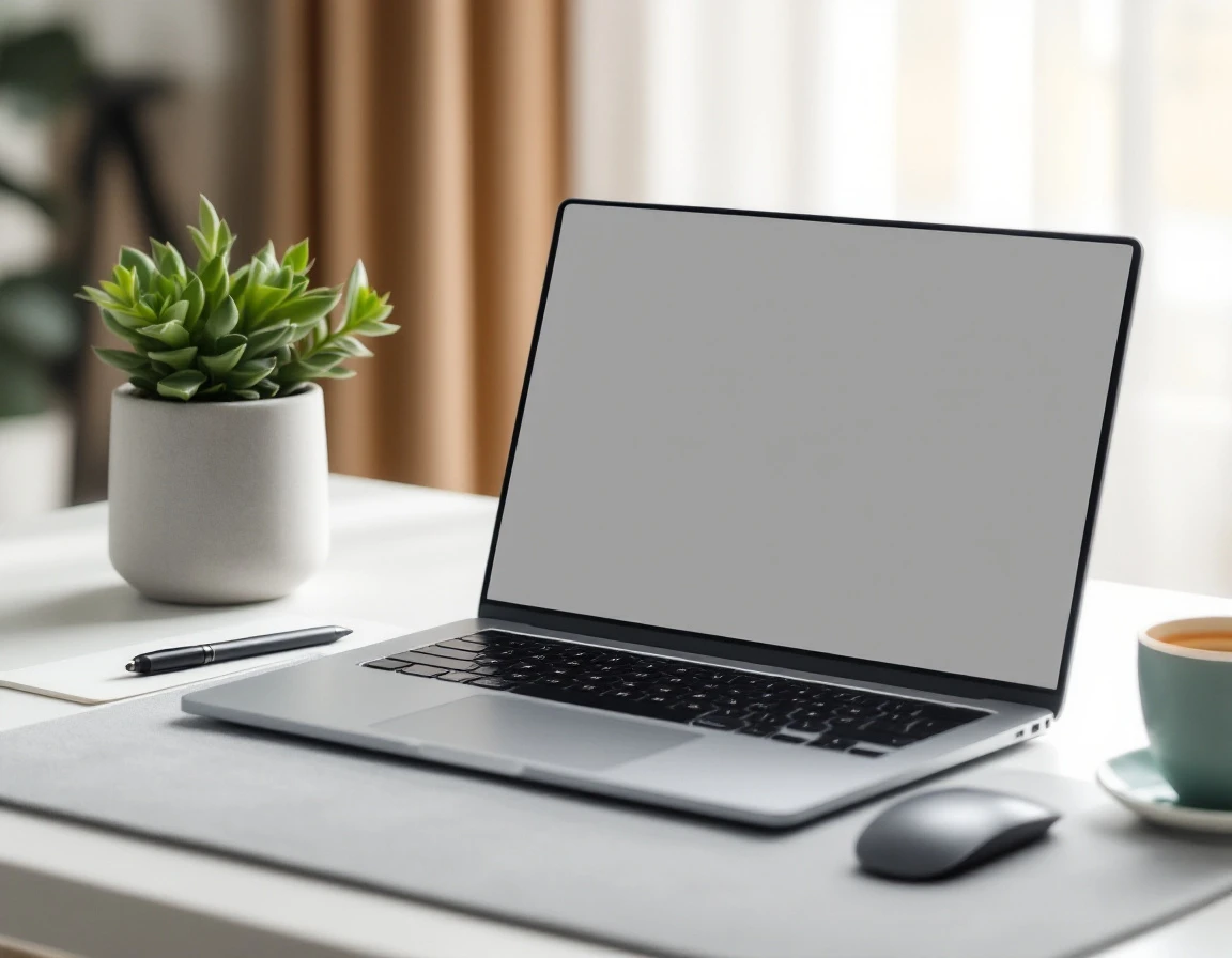 Minimalist laptop workspace on clean desk with coffee cup and succulent plant
