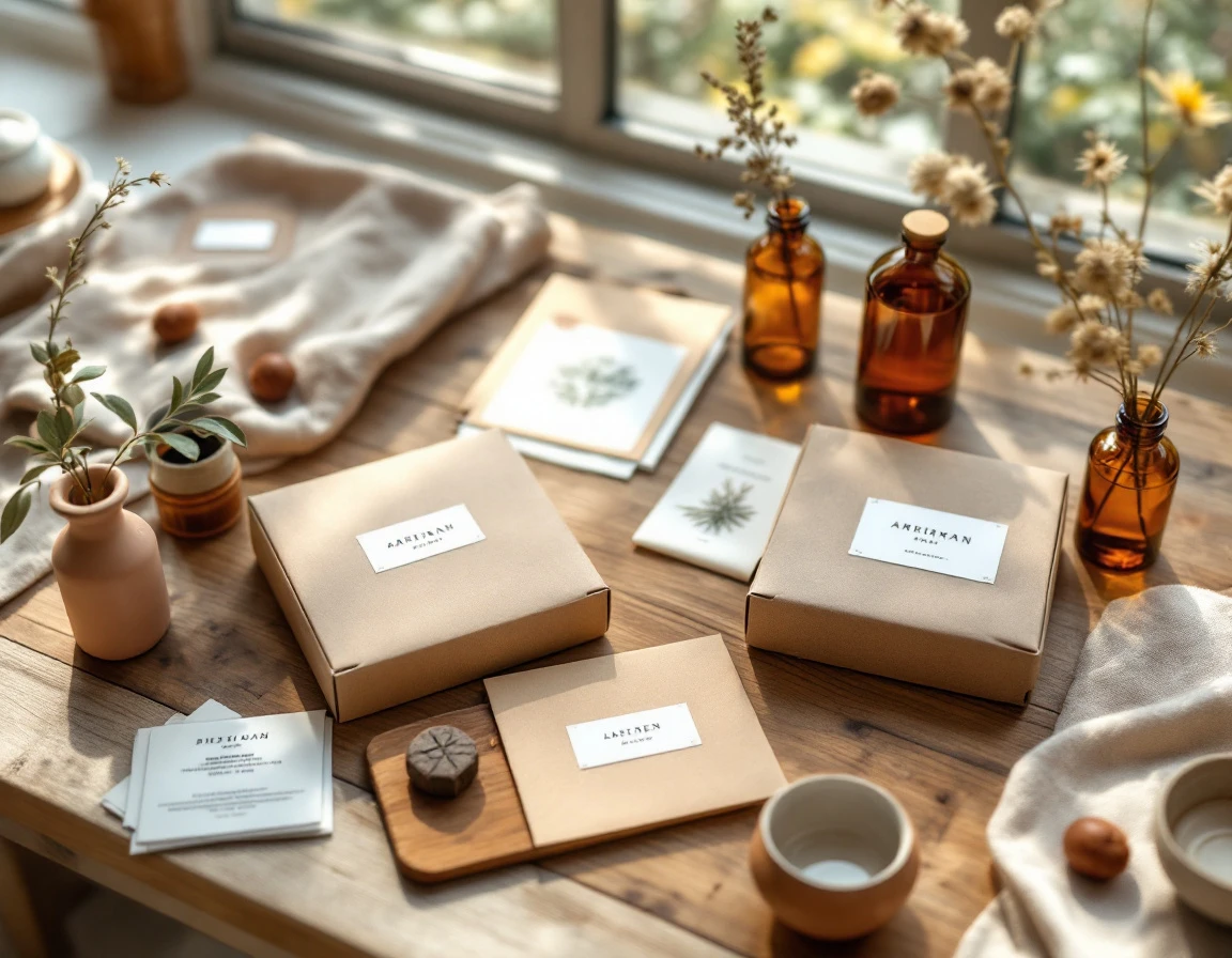 Artisanal B2B product catalog flatlay with kraft paper packaging and natural materials on wooden table