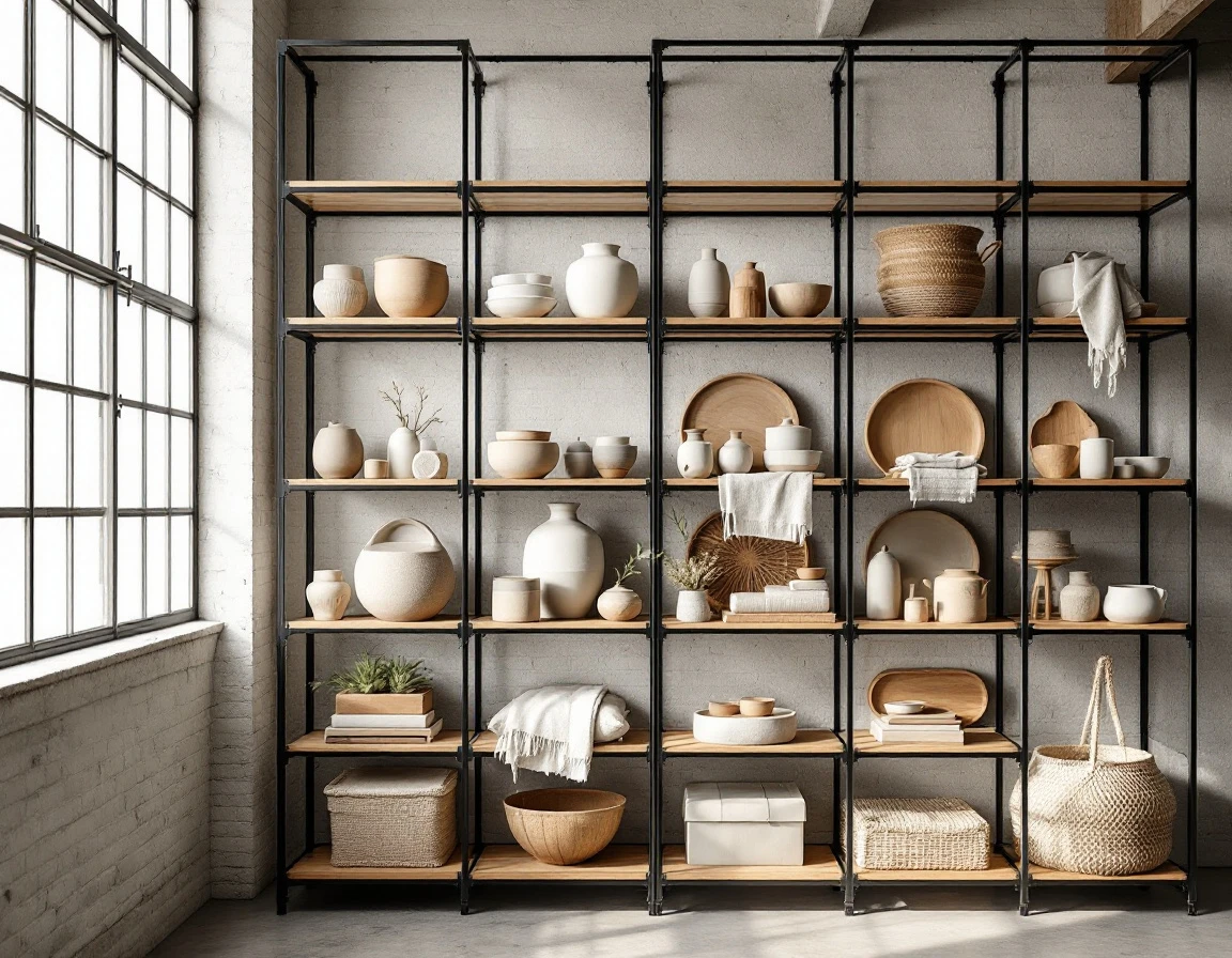 Curated wholesale showroom display of artisanal ceramics and textiles on industrial shelving