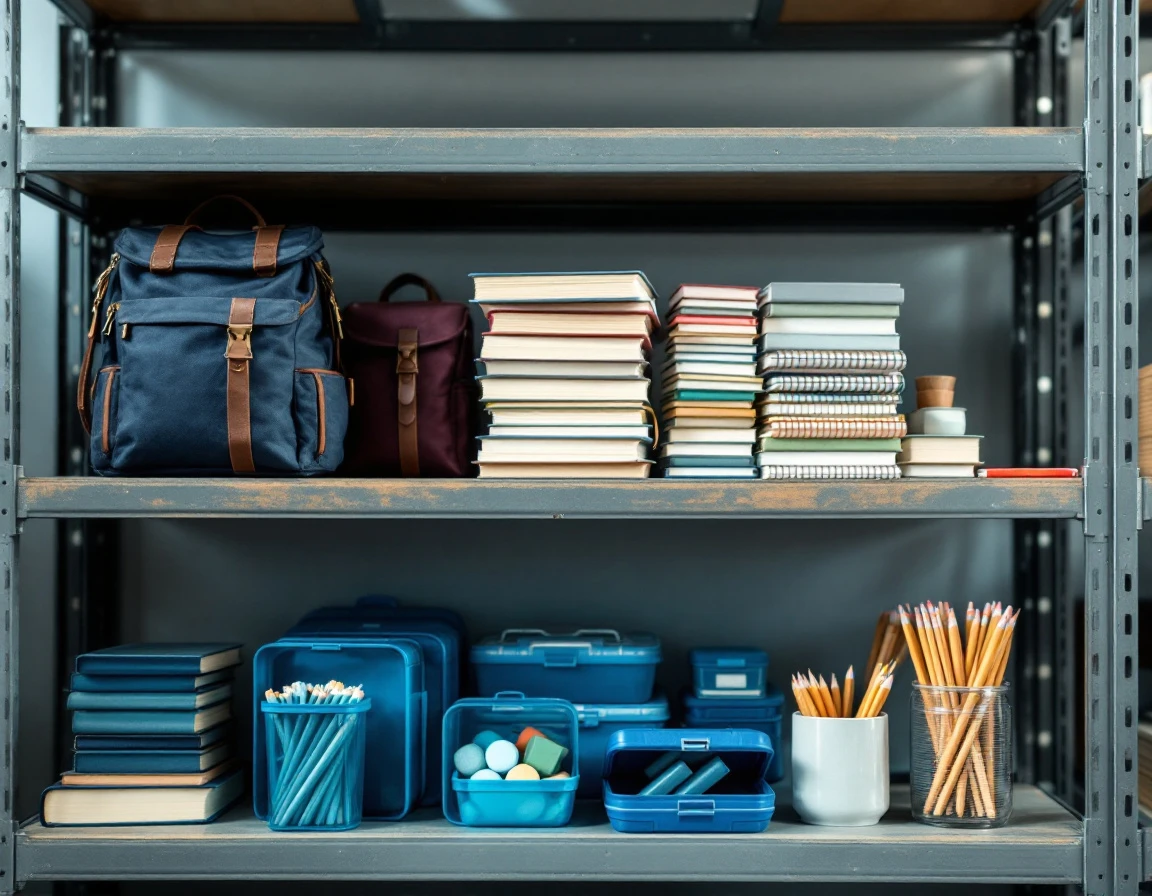 Organized retail shelf with backpacks and school supplies arranged for back-to-school inventory staging