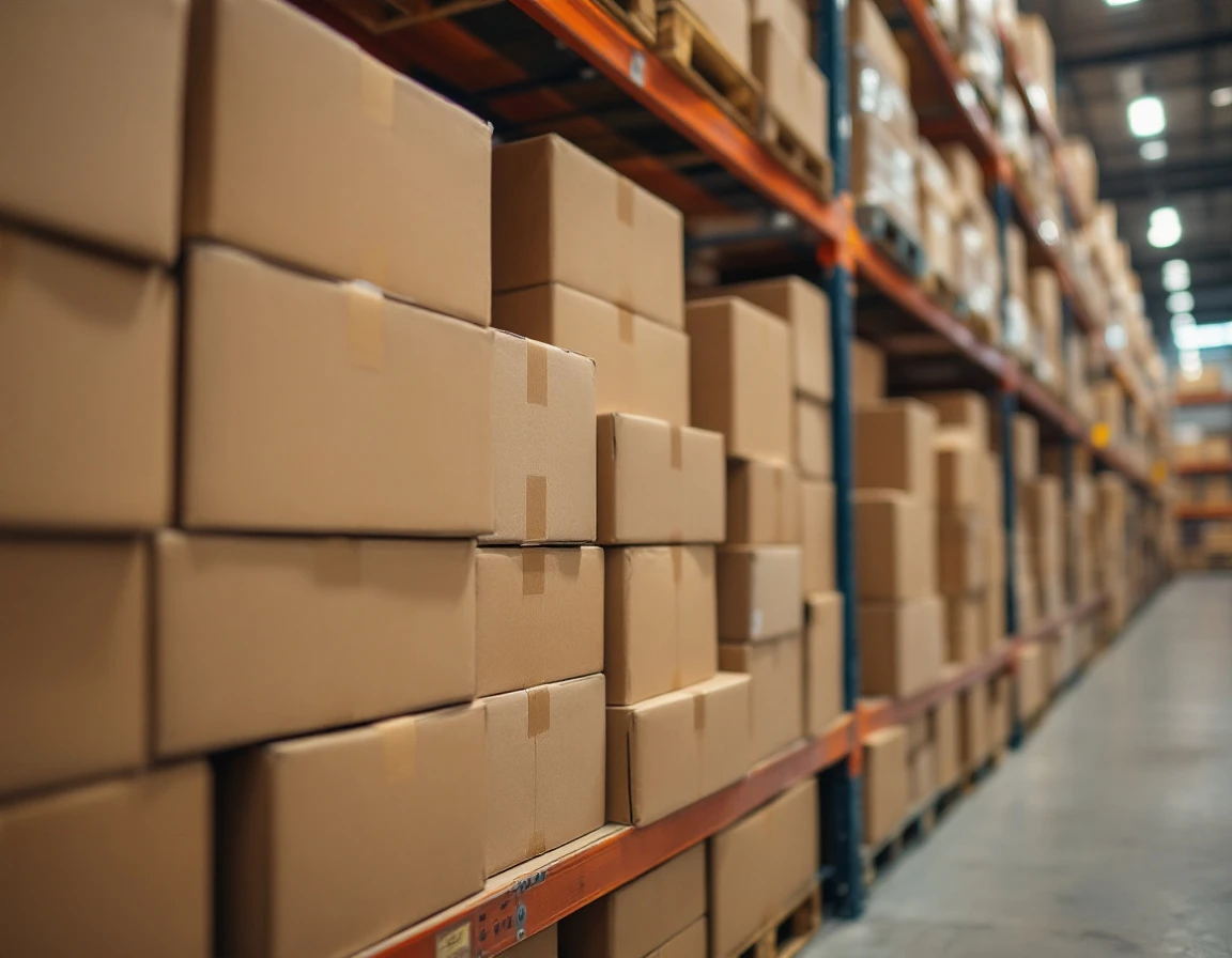 Stacked cardboard boxes on warehouse shelving showing inventory storage in modern fulfillment center