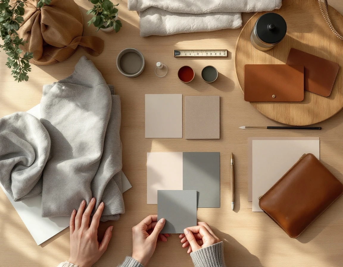 Flat-lay workspace showing product samples and fabric swatches arranged for quality review and photography