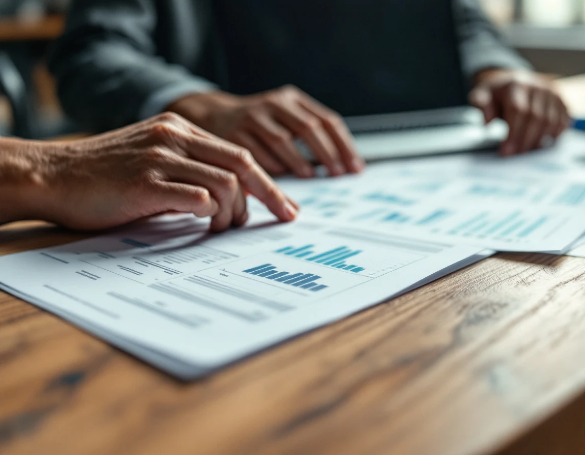 Hands reviewing blurred product data documents on wooden desk with natural office lighting