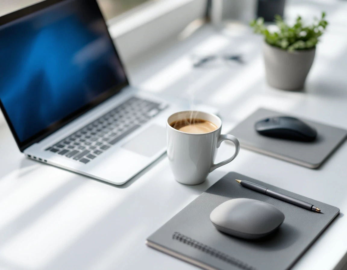 Minimalist workspace desk with laptop, coffee cup, notebook, and succulent plant in soft natural lighting