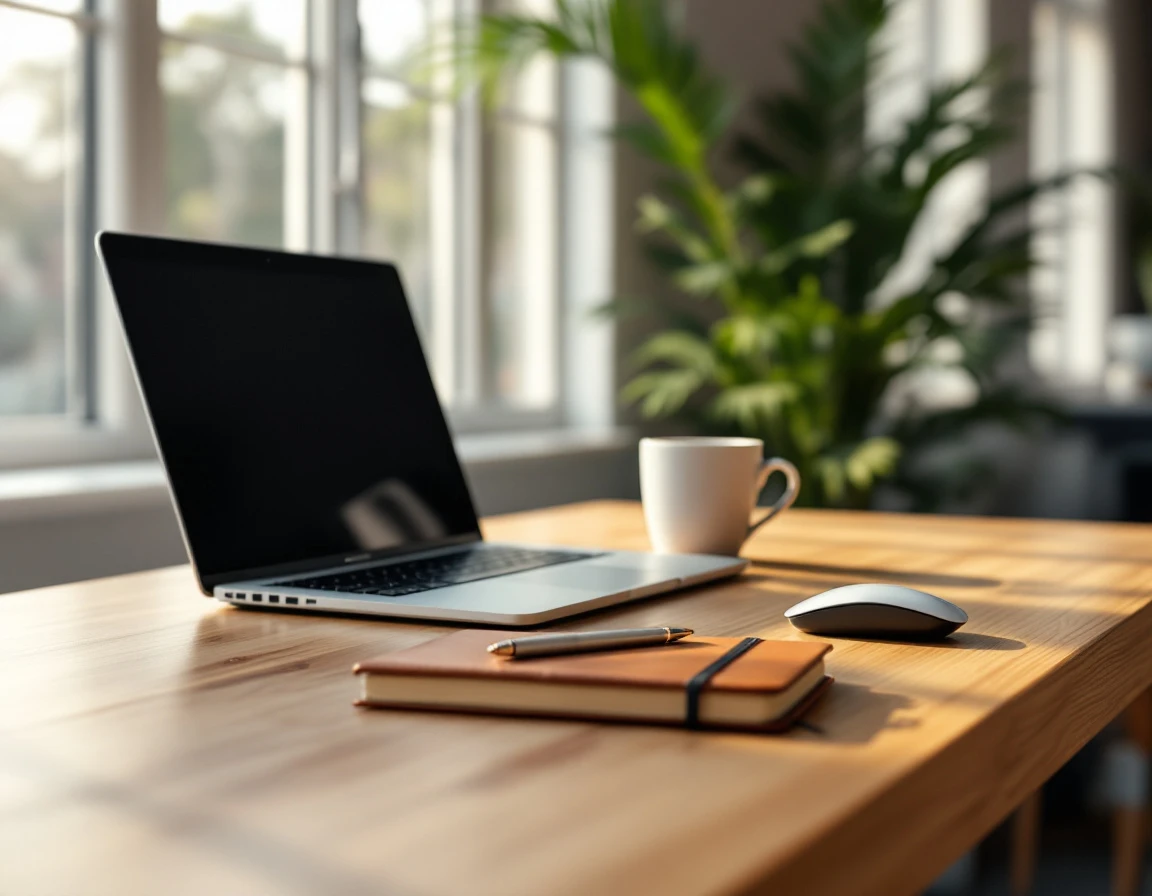 Laptop and coffee on wooden desk in bright office workspace with natural window lighting