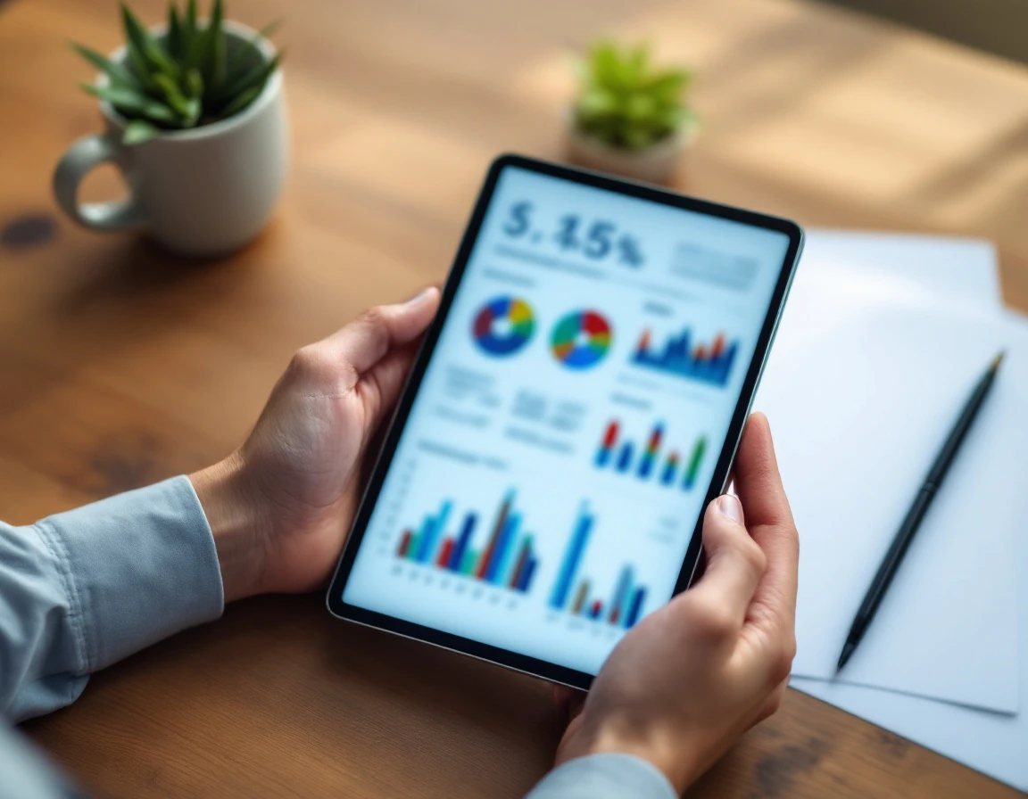 Hands reviewing abstract financial data on tablet with coffee and documents on wooden desk