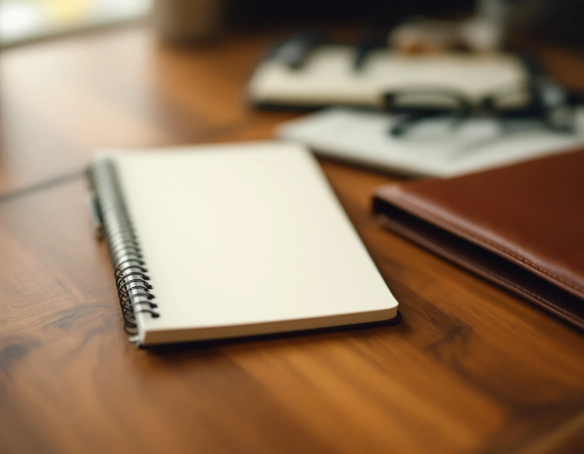 Professional pen resting on blank notebook on wooden desk surface with business workspace in background