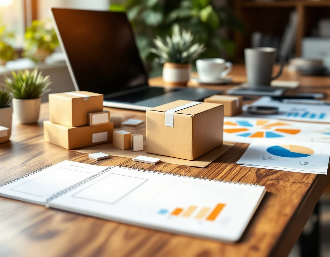 Office workspace with shipping boxes, inventory samples, and blurred analytics materials on wooden desk