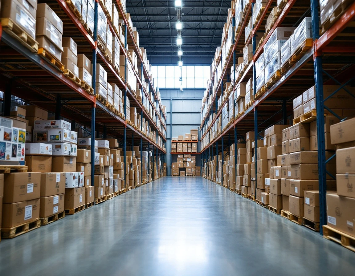 Organized seasonal retail inventory on warehouse shelving with varied product boxes and efficient storage