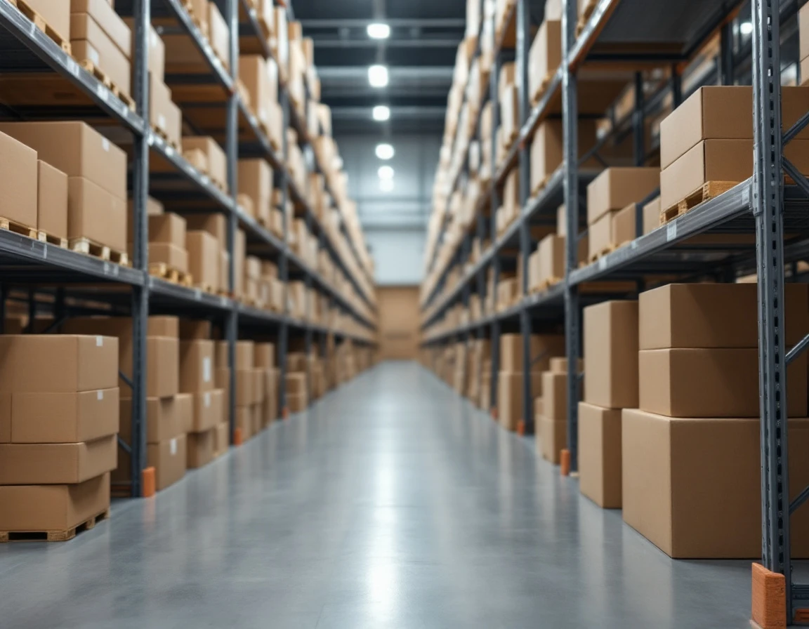 Organized warehouse shelving with unlabeled cardboard boxes demonstrating efficient inventory management systems