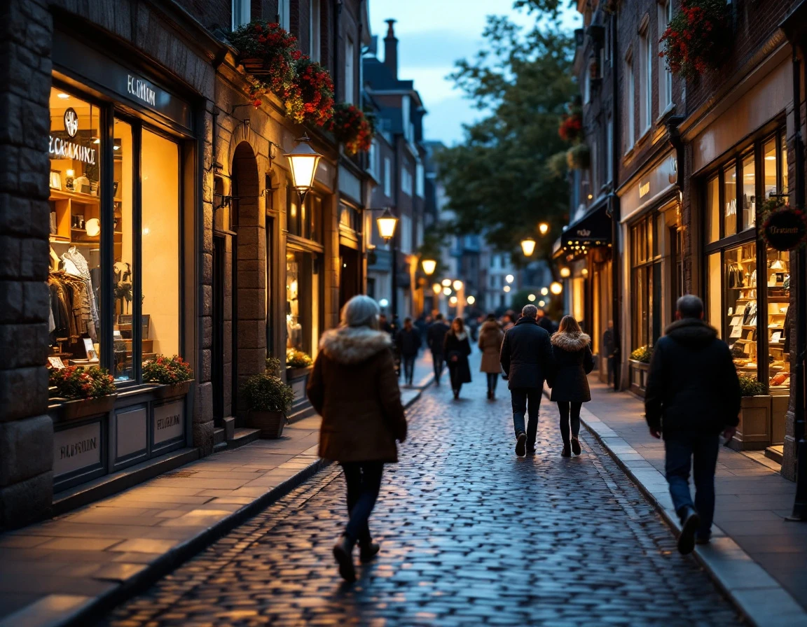 European retail street at dusk with warm shop windows and pedestrians in a neighborhood shopping district