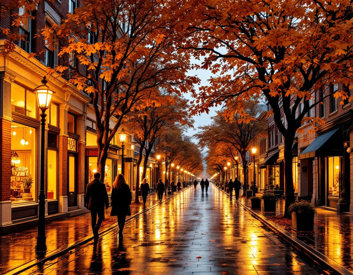 Autumn evening street scene with wet pavement reflecting commercial storefronts and fall foliage