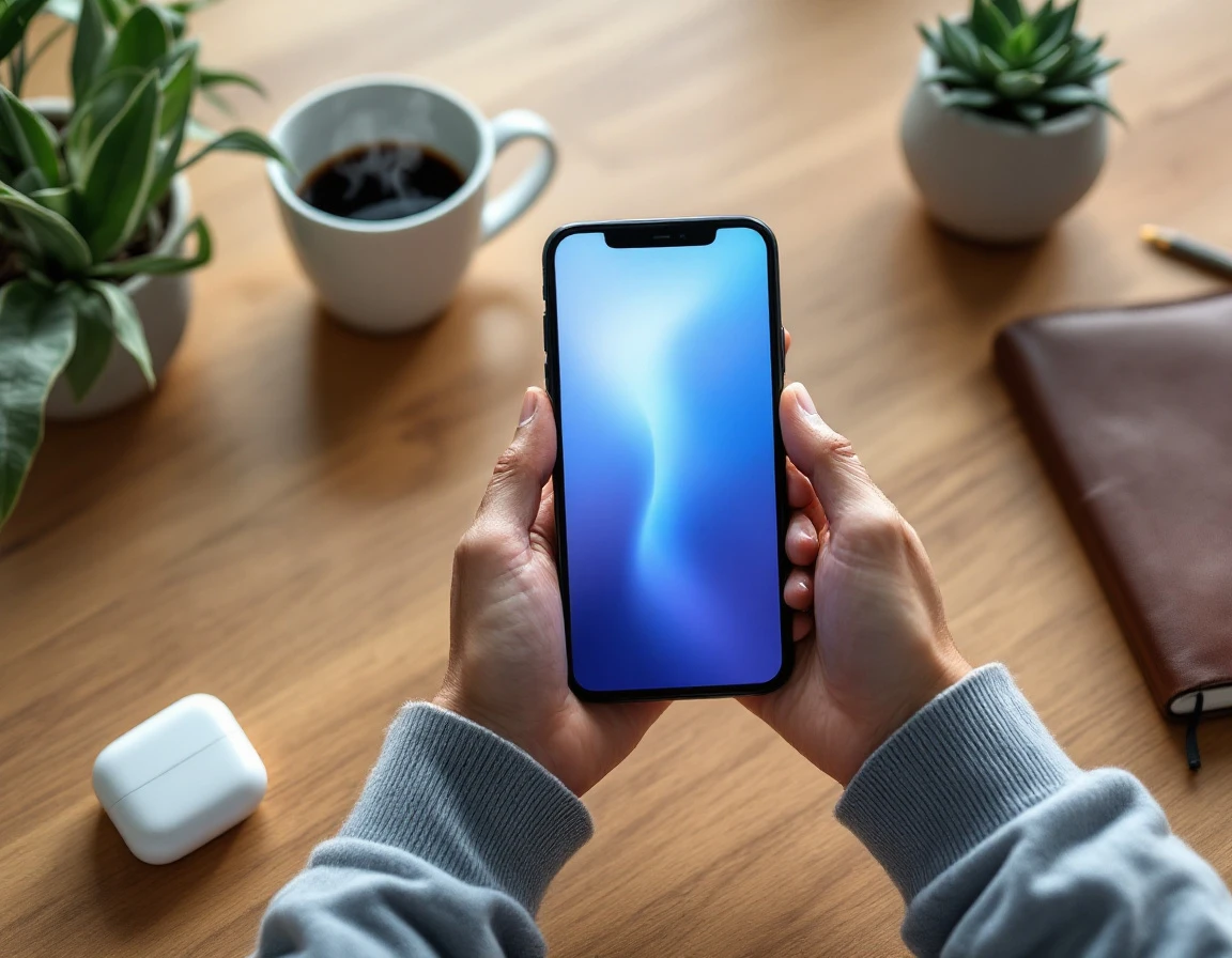 Smartphone displaying blurred ecommerce interface on wooden desk with coffee and workspace accessories
