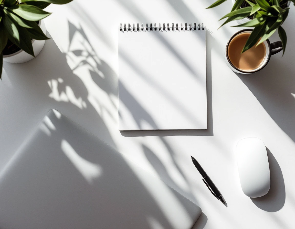 Clean desktop workspace flat-lay with blank calendar, notepad, laptop, and coffee cup bathed in natural light