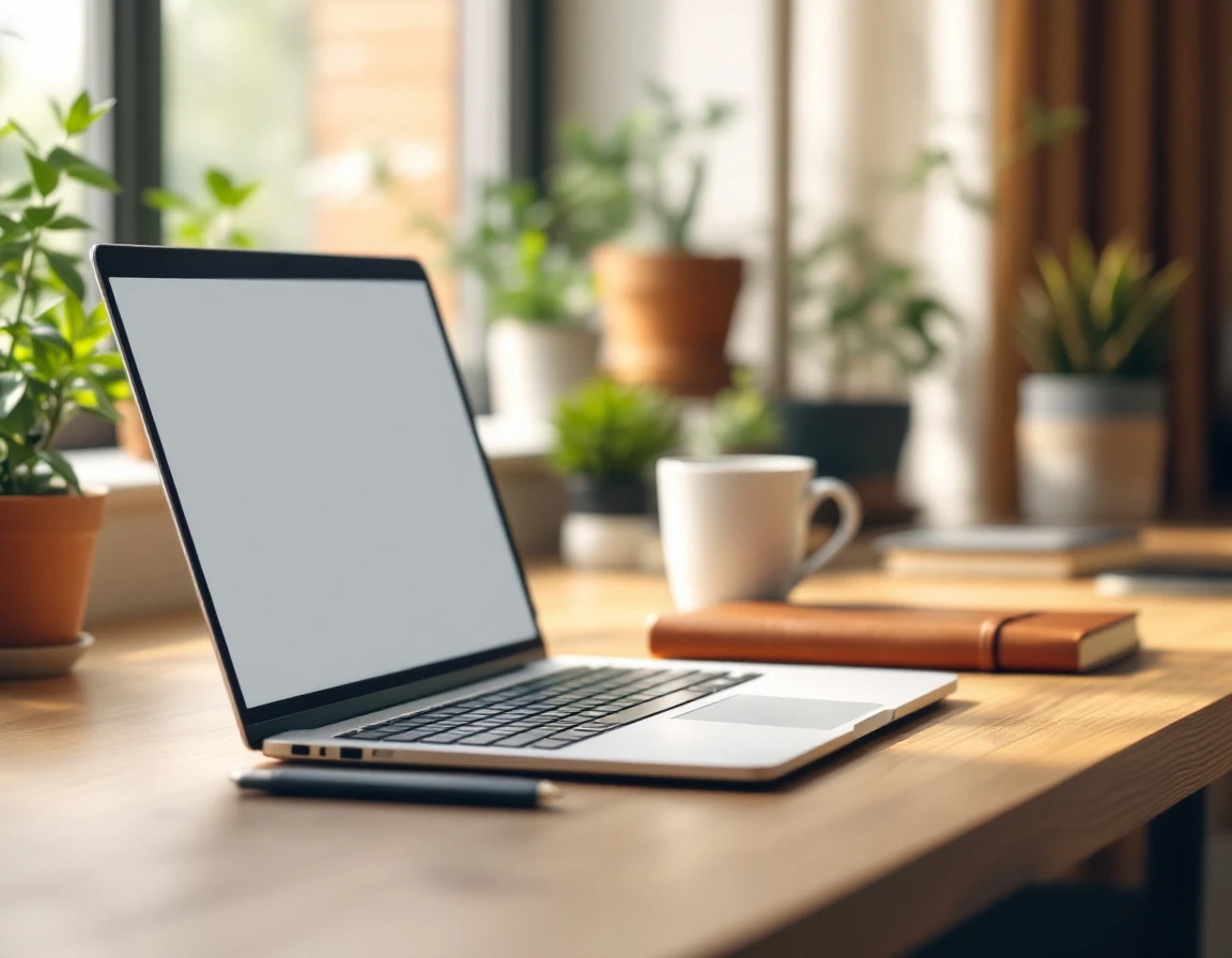 Laptop on wooden desk with coffee cup and notebook in organized workspace with plants in background