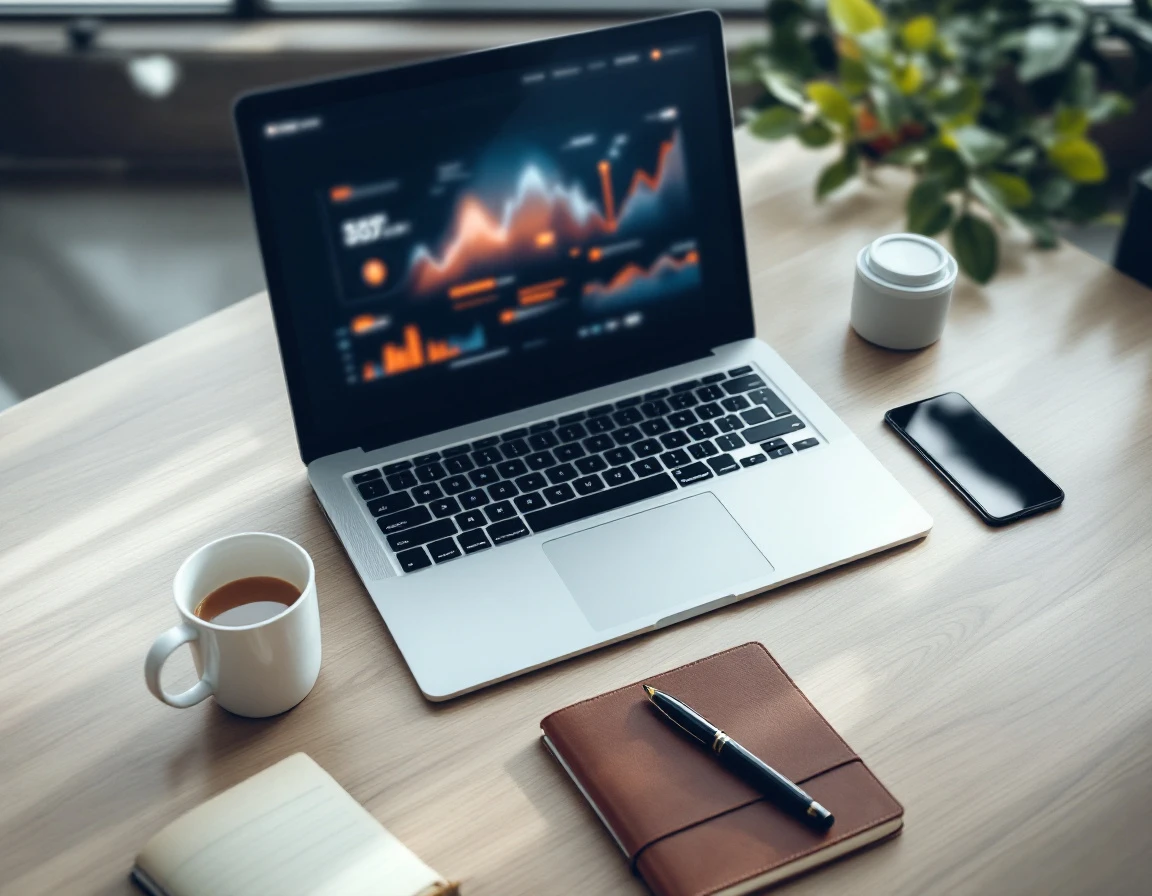 Overhead view of workspace with laptop displaying analytics dashboard alongside coffee and notebook