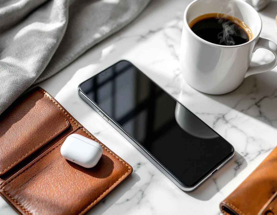 Smartphone face-down on marble desk with wireless earbuds, coffee, and leather wallet in minimal workspace