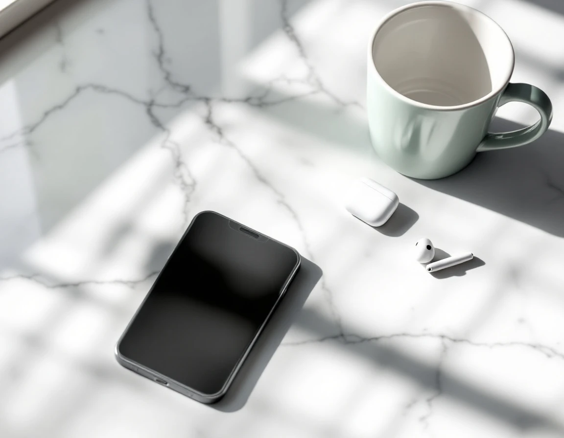 Smartphone with earbuds and coffee on marble workspace surface with natural window lighting