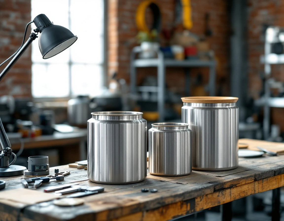 Unmarked stainless steel containers on workshop bench representing product testing phases