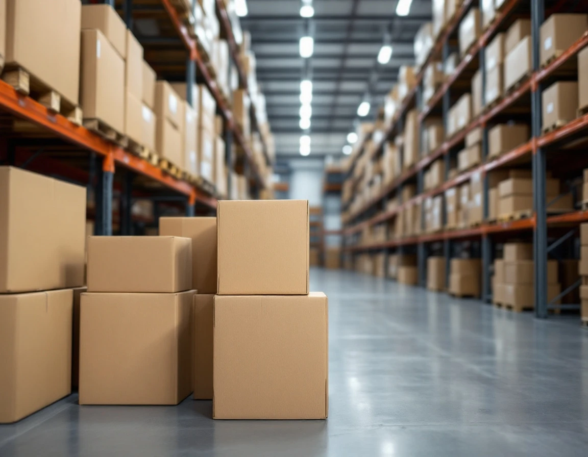 Unlabeled cardboard boxes stacked on warehouse shelving for inventory management and pricing decisions