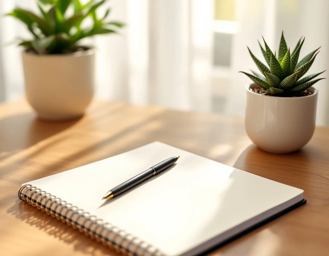 Empty planner and pen on wooden desk with natural window light and potted plant in professional workspace