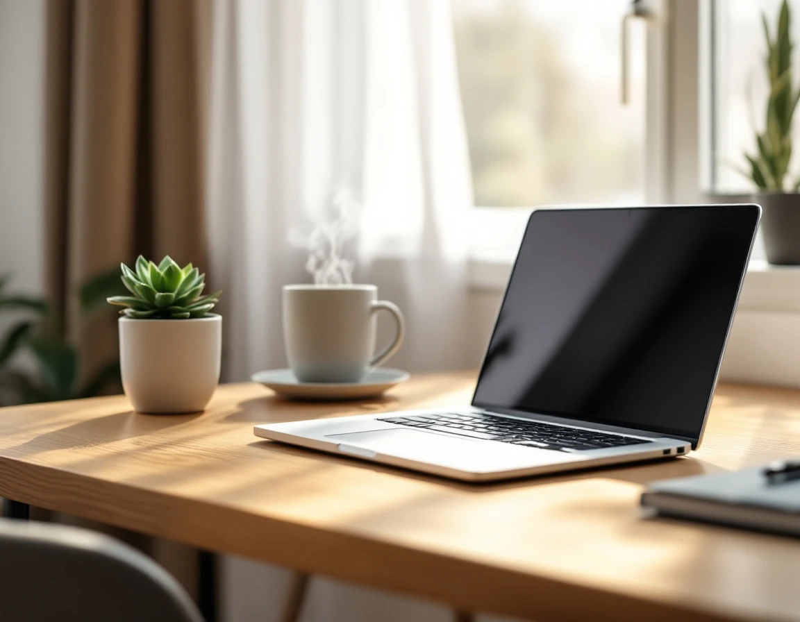 Minimalist home office desk with closed laptop and coffee cup in natural window light