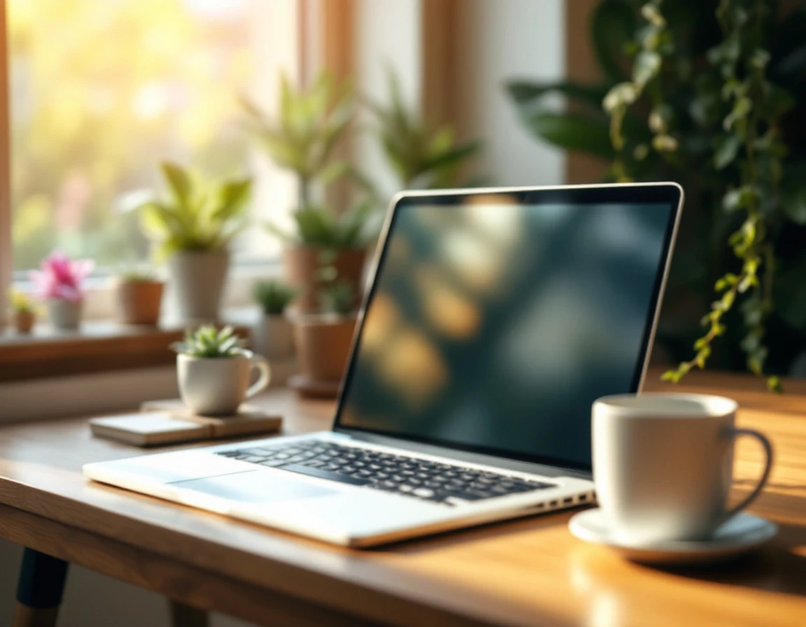 Workspace with laptop and coffee mug on wooden desk with afternoon light streaming through window