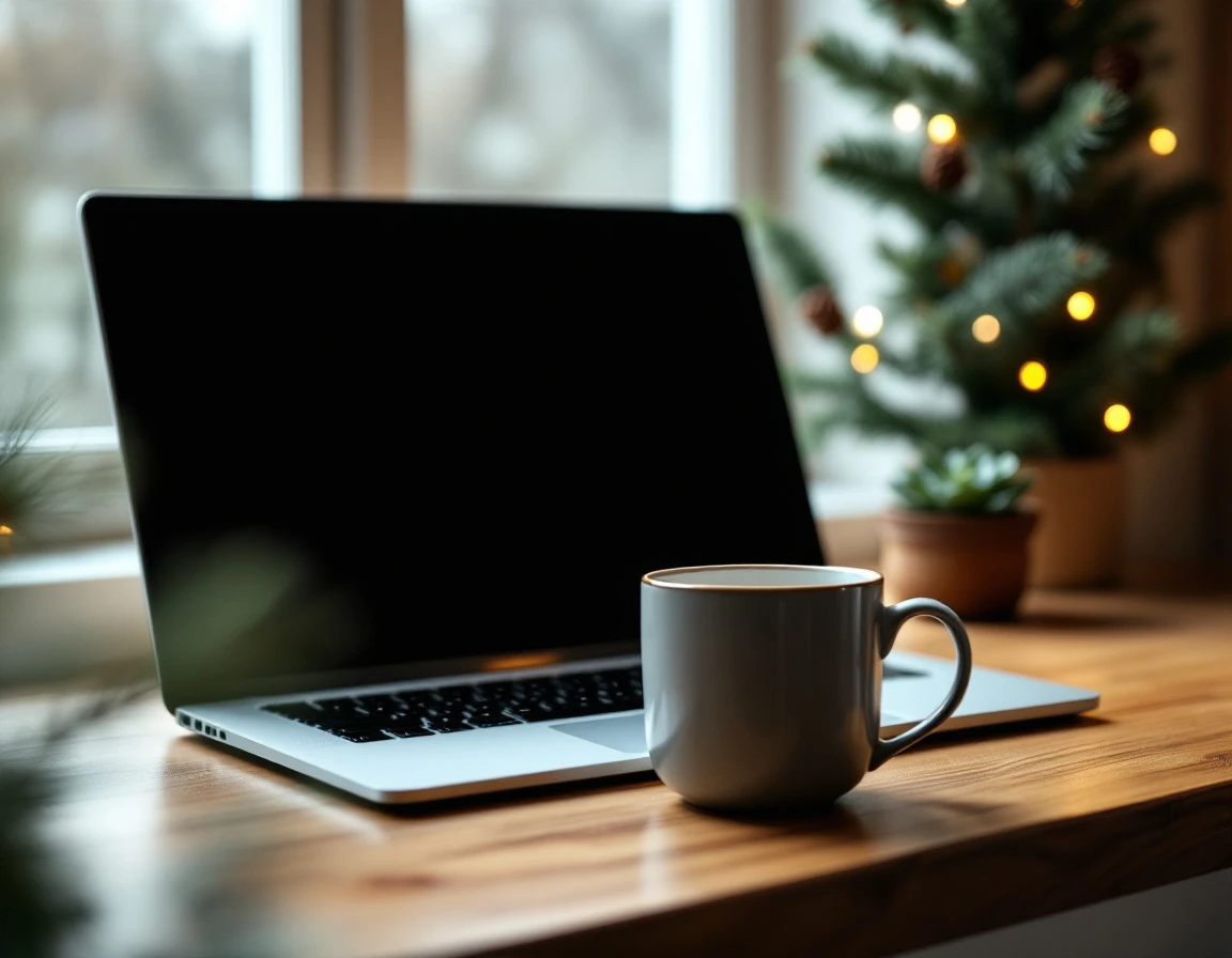 Home office desk with laptop, steaming mug, and holiday decorations in warm natural lighting