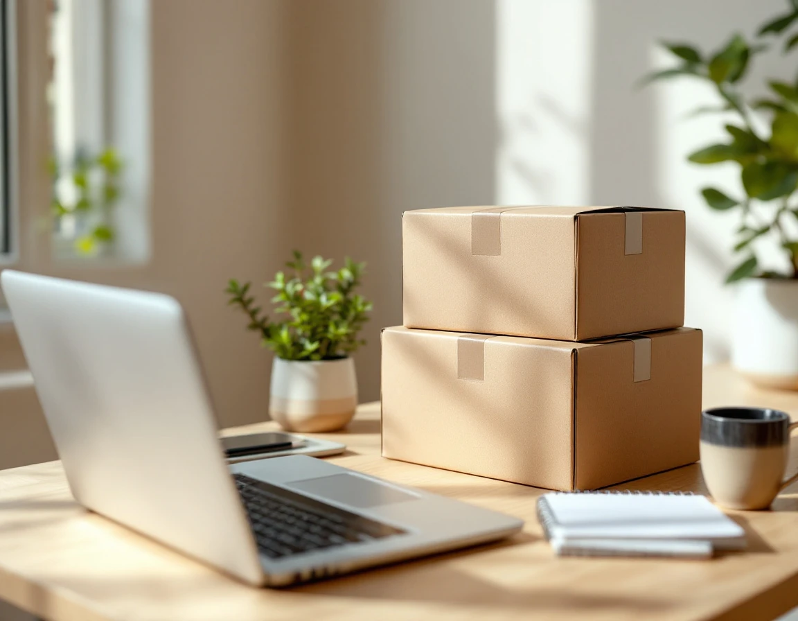 Unmarked shipping boxes stacked on desk beside laptop during peak order fulfillment season
