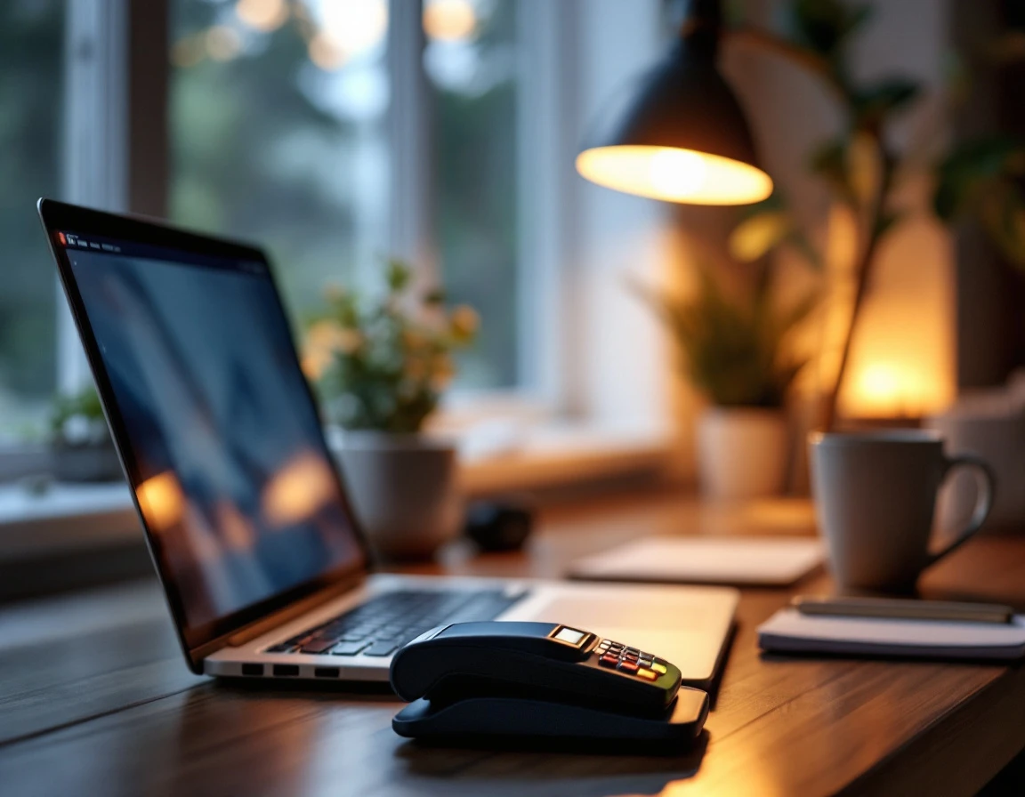 Credit card payment terminal and laptop on desk during evening work session