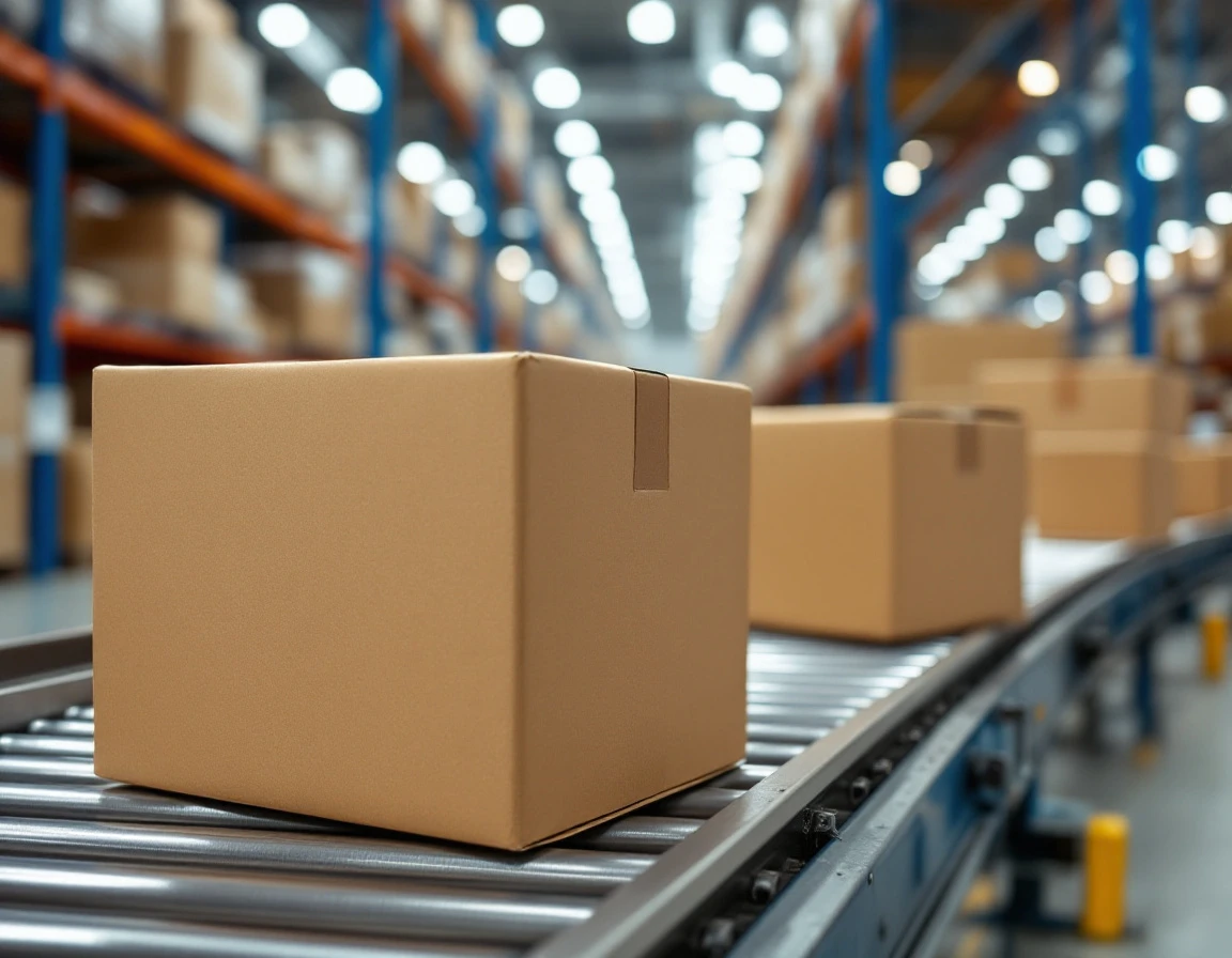 Cardboard boxes moving on metal conveyor belt in warehouse fulfillment center during peak season operations