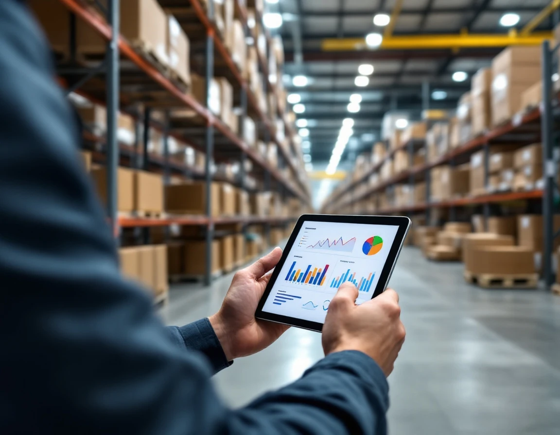 Warehouse worker reviewing real-time inventory analytics during peak e-commerce fulfillment operations