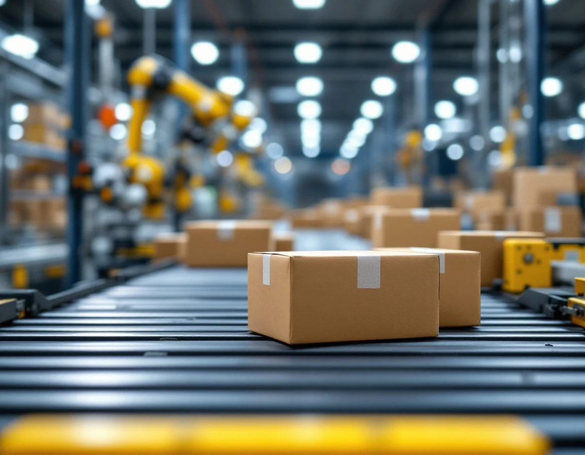 Automated conveyor belt system moving packages through a modern e-commerce fulfillment center
