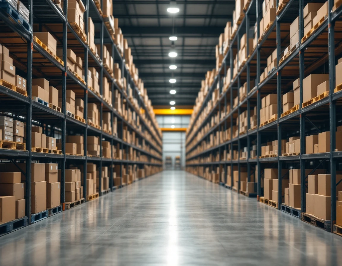 Organized warehouse shelving with inventory boxes in modern e-commerce fulfillment center