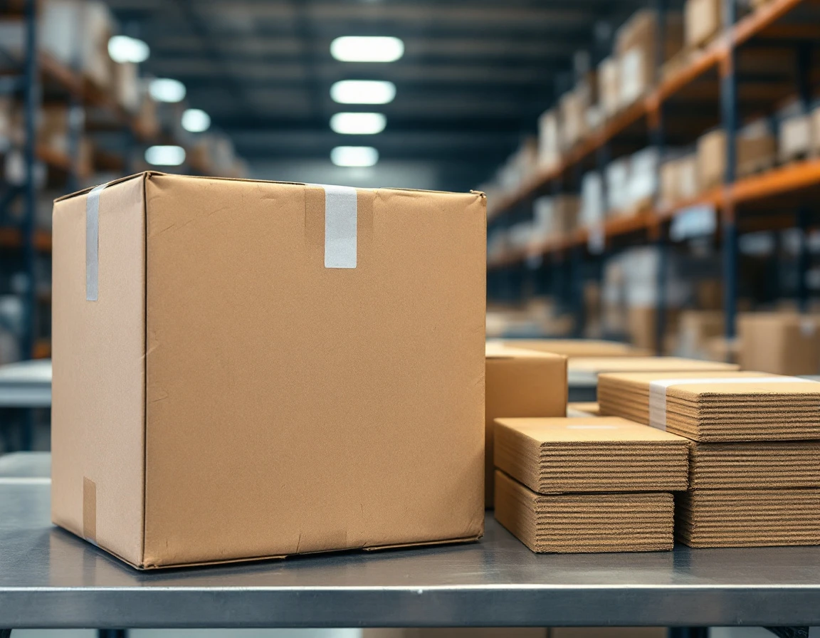 Shipping materials and cardboard boxes on fulfillment center sorting table with warehouse shelving background