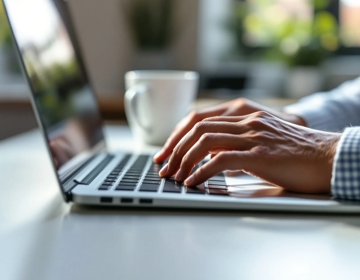 Professional hands typing on laptop keyboard in modern office workspace with natural lighting