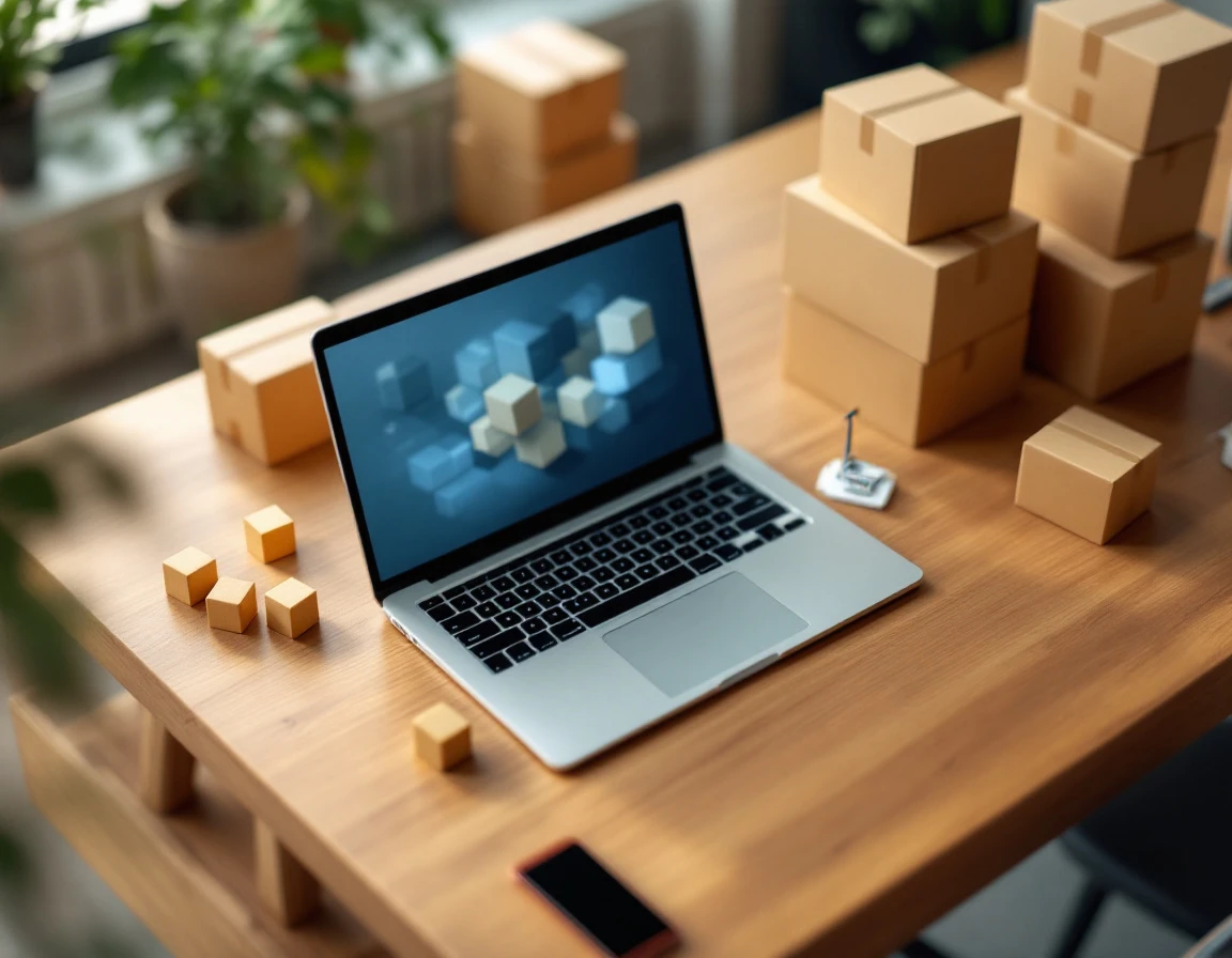 Corporate desk with laptop, shipping boxes, and bulk order materials arranged in flatlay composition