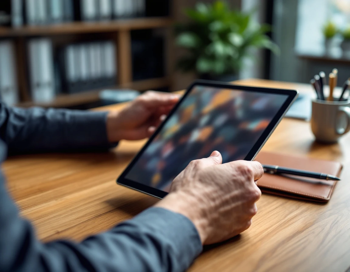 Professional reviewing tablet at desk with office accessories in modern B2B workspace