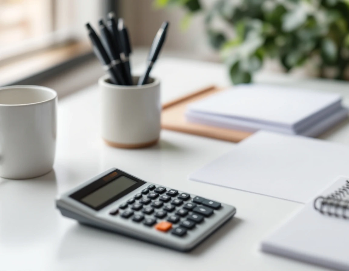Organized desk with calculator, office supplies, and coffee mug in professional B2B workspace